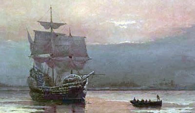 An image of "Mayflower in Plymouth Harbor" by William Halsall, 1882 at Pilgrim Hall Museum, Plymouth, Massachusetts, USA 